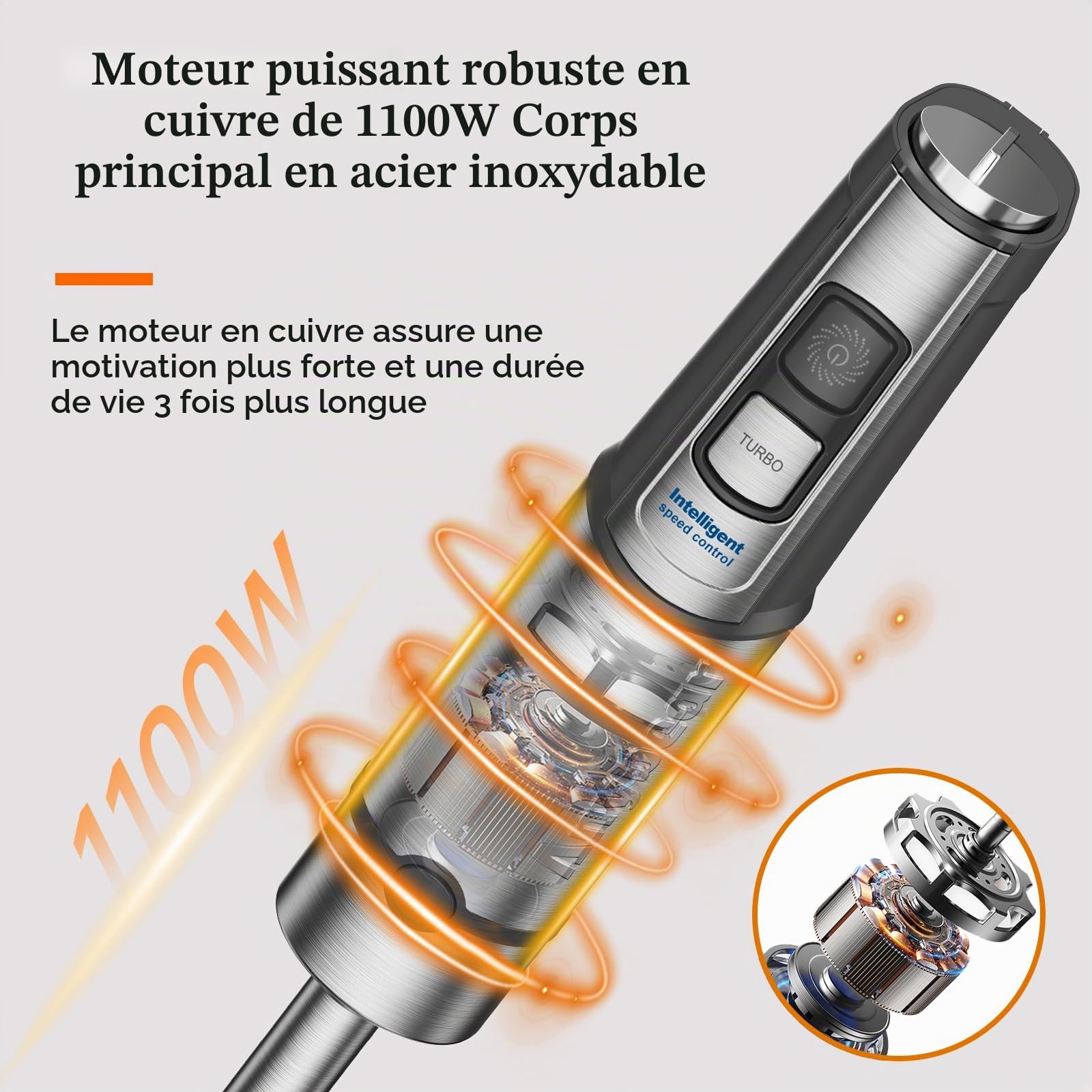 Anybear Mixeur Plongeant 1100W, Moteur Cuivre & Acier Inoxydable | Corps En Acier Inoxydable, Lame Anti-Rayures, Double Batteurs Inclus. Idéal Pour Smoothies, Soupes Et Pâtisserie