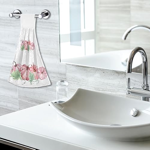 Miniatura 7 de Toallas de cocina con diseño de calabaza rosa con bucles para colgar, paquete de 2, toallas de mano con temática de otoño para baño, absorbentes de