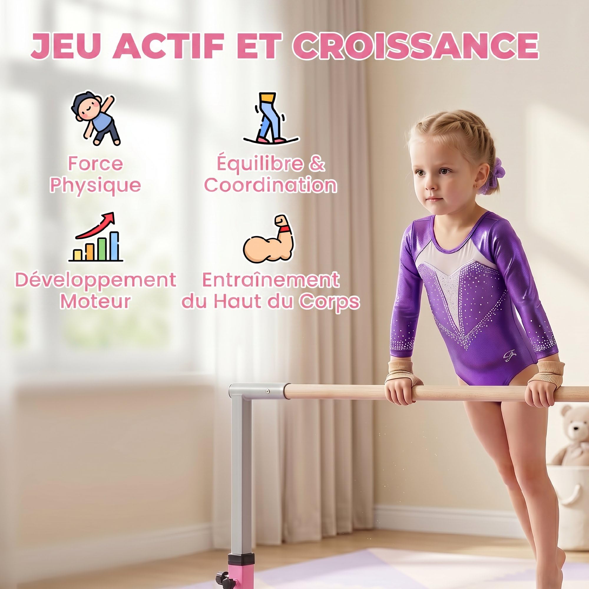 HOMCOM Barre Fixe de Gymnastique pour Enfant, Hauteur Réglable sur 13 Niveaux de 92-150 cm, en Acier et Bois de Hêtre, Barre de Gym d'Entraînement à Domicile, Antidérapant, Facile à Assembler