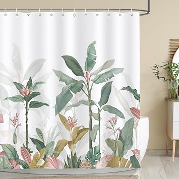 Bonhause Tropical Leaves Shower Curtain, Pink Green Banana Leaf Bathroom Curtain 180 x 180 cm Waterproof Mildew and Mould Resistant Polyester Fabric Bath Curtain with 12 Hooks