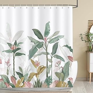 Bonhause Palm Tree Shower Curtain, Pink Green Banana Leaves Tropical Plants Summer Bathroom Decor 72 x 72 Inch Polyester Fabric Waterproof Bath Curtain with 12 Hooks