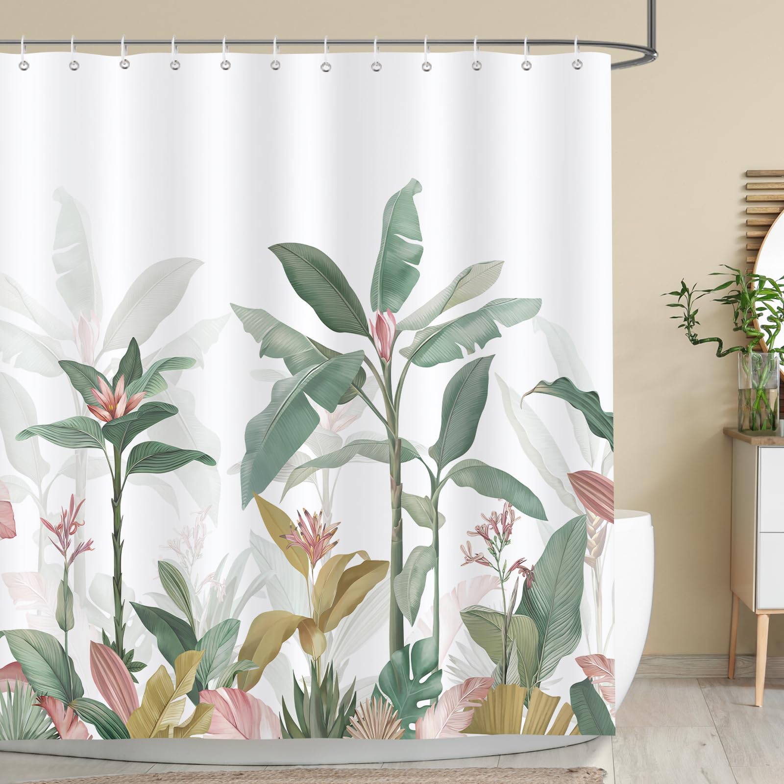 Bonhause Cortina de Ducha Hojas de Plátano Tropical Palma Planta Verde Cortina de Baño de Poliéster Impermeable Antimoho Lavable Cortina Ducha 180 x 180 cm con 12 Ganchos
