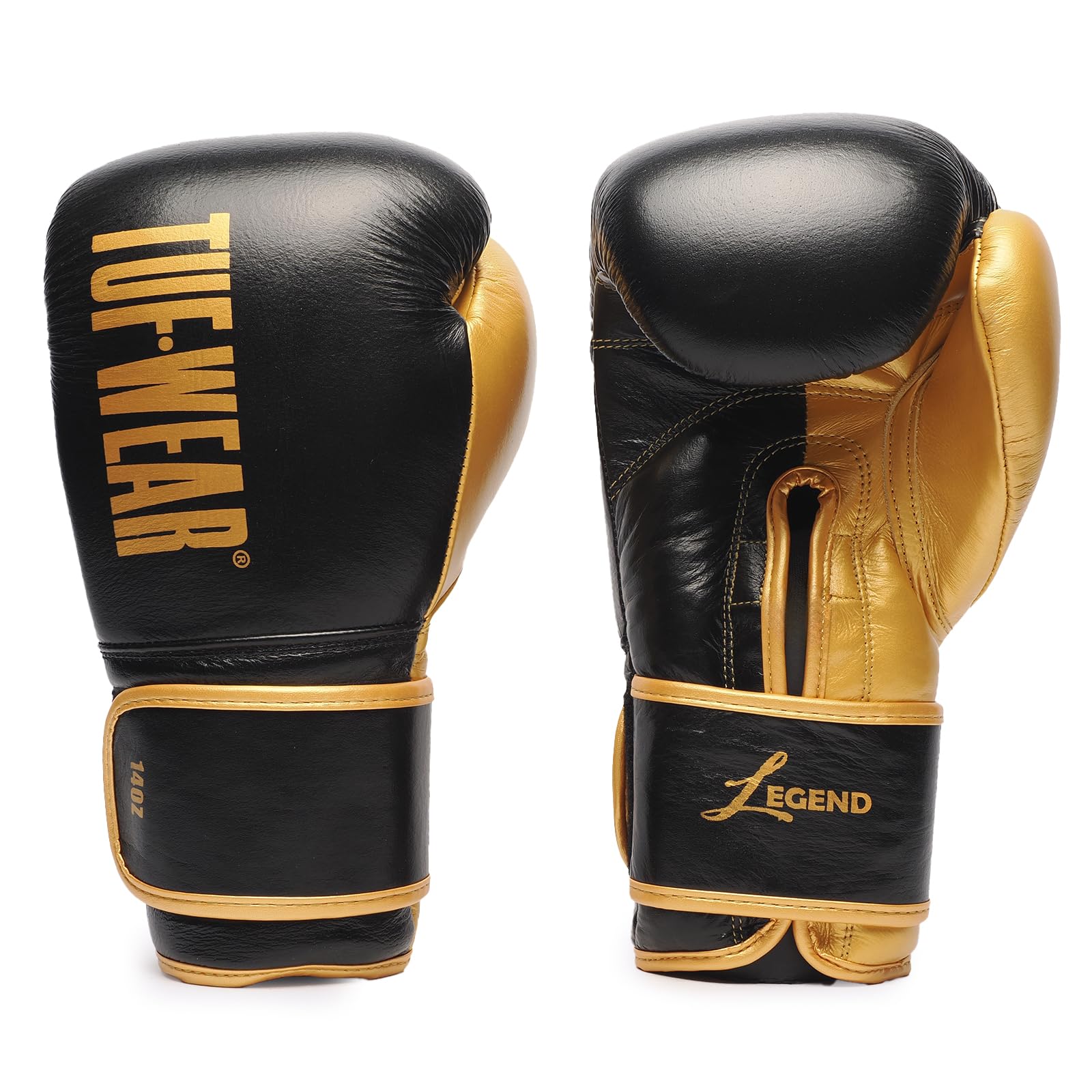 Tuf Wear Legend Leather Hook And Loop Boxing Training Workout MMA Bag Sparring Gloves Adults, 10oz, 12oz, 14oz, 16oz, Black Gold, TW31278-BLACKGOLD