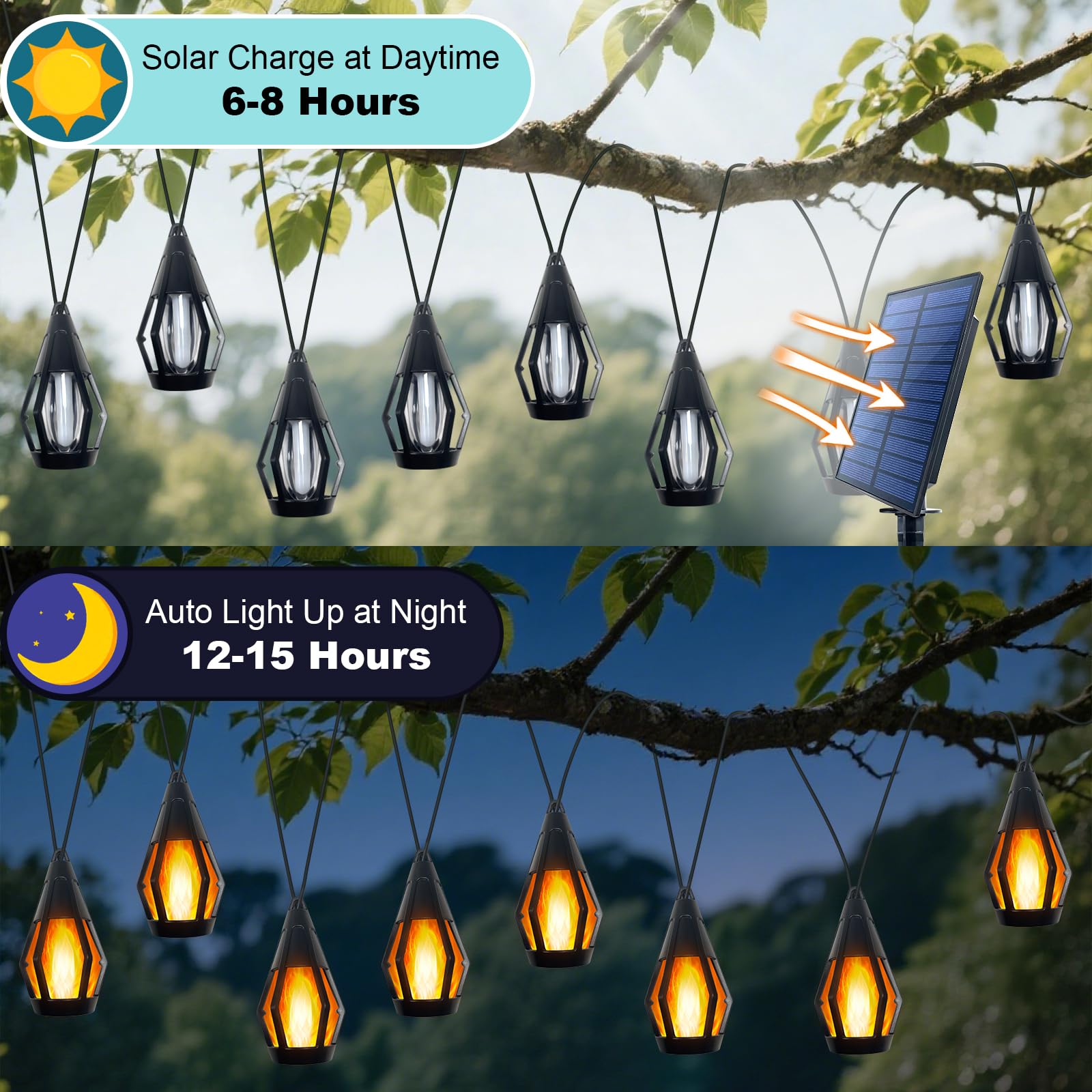 Guirnalda de luces solares de 21 pies para exteriores, impermeables, funciona con energía solar, luces de patio con 10 bombillas de llama parpadeante, farol colgante, cadena de luces para