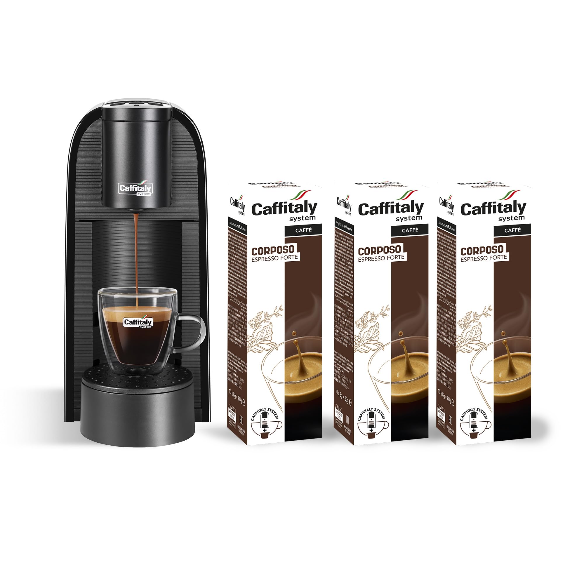Caffitaly, Macchina da Caffè Volta Nera, 30 Capsule di Caffè Corposo Incluse, per Macchine Originali Caffitaly, Ideale per Preparare Diversi Tipi di Espressi e Bevande Calde