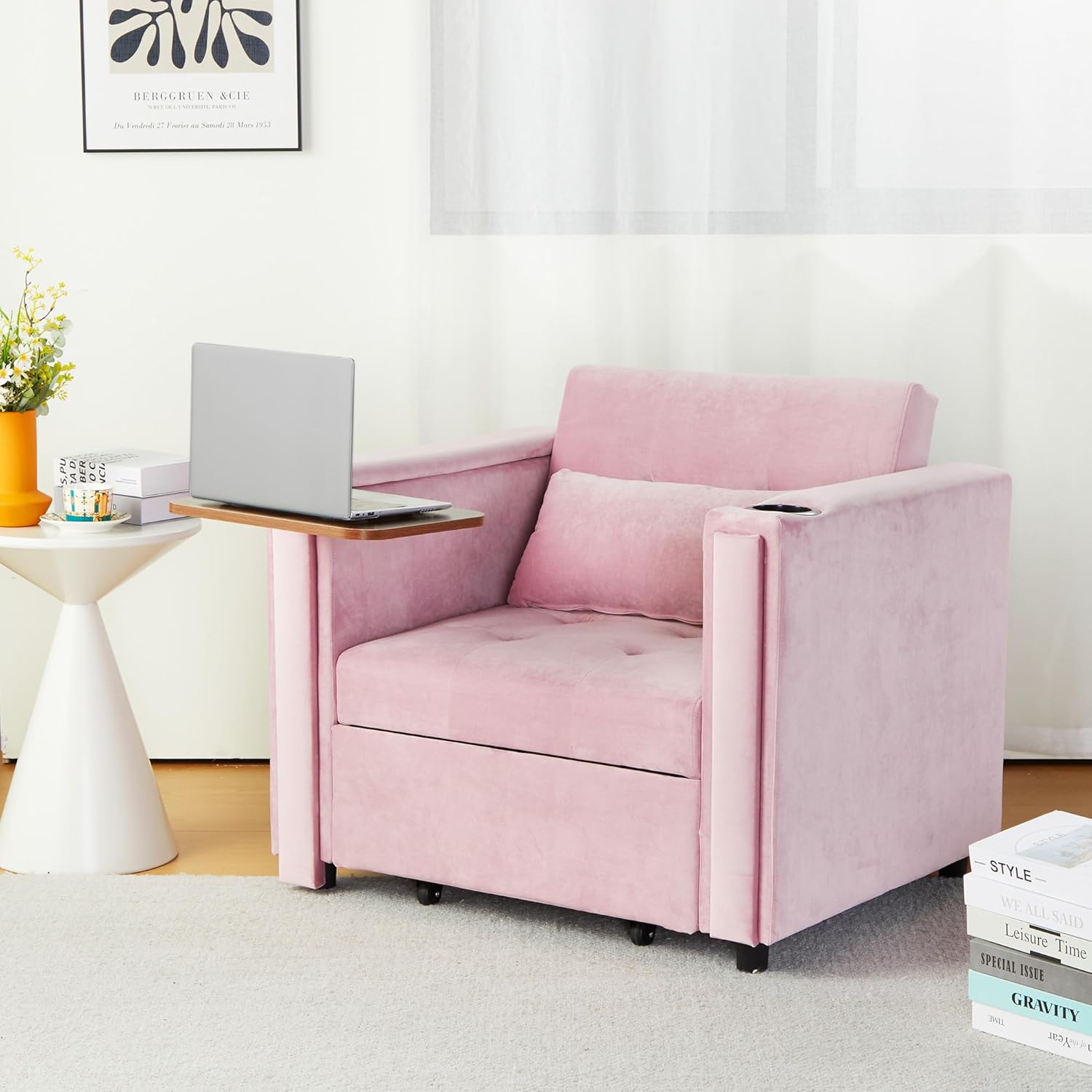 AVZEAR 4-in-1 Convertible Sleeper Single Sofa Chair, Multi-Functional Sofa Bed with Adjustable Backrest, Modern Velvet Sleeper Bed for Living Room Small Space, Pink