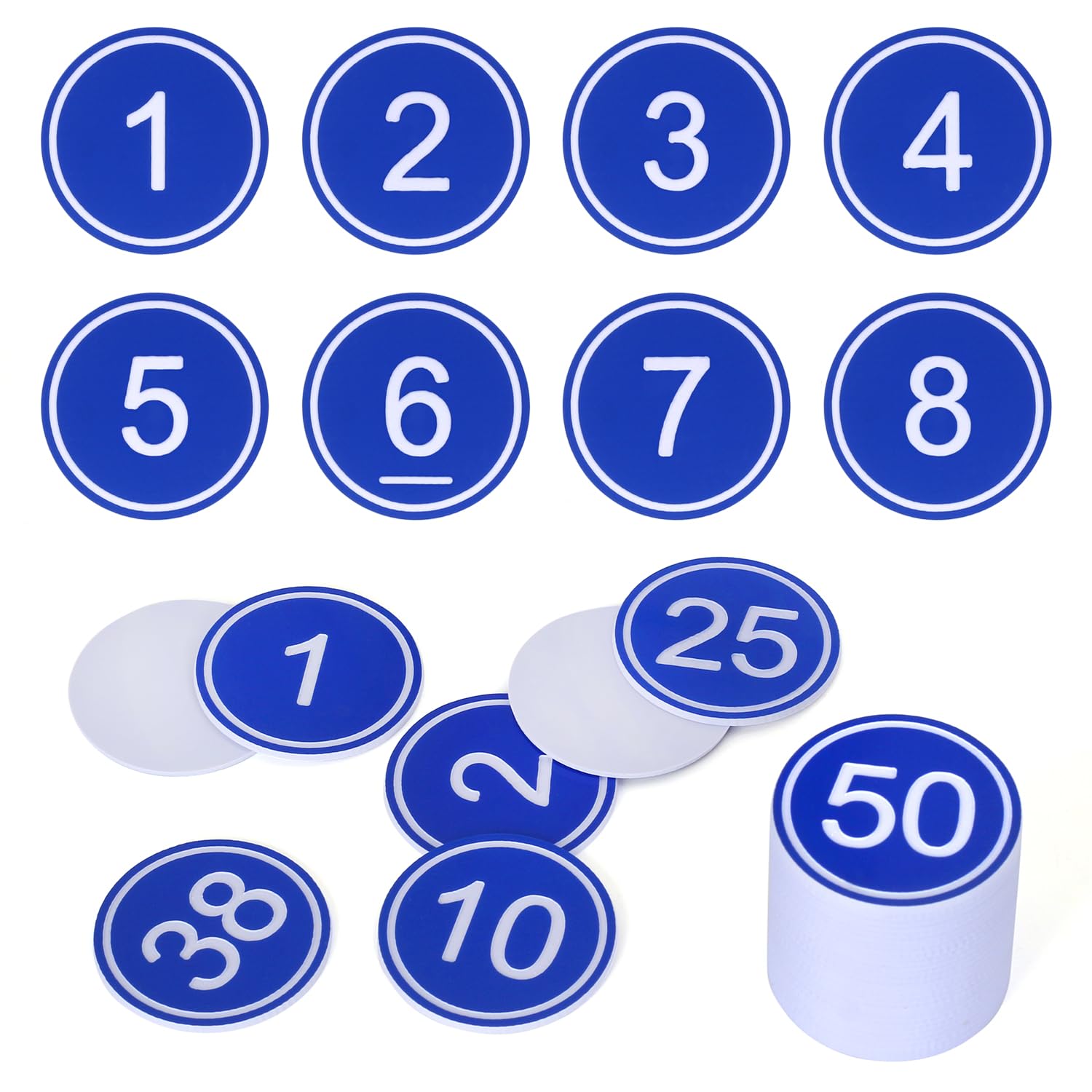 NumRealm 35mm ABS Plastic Round Table Numbers, Locker Cabinet Numbers Signage Tags Labels - Blue 1 to 50