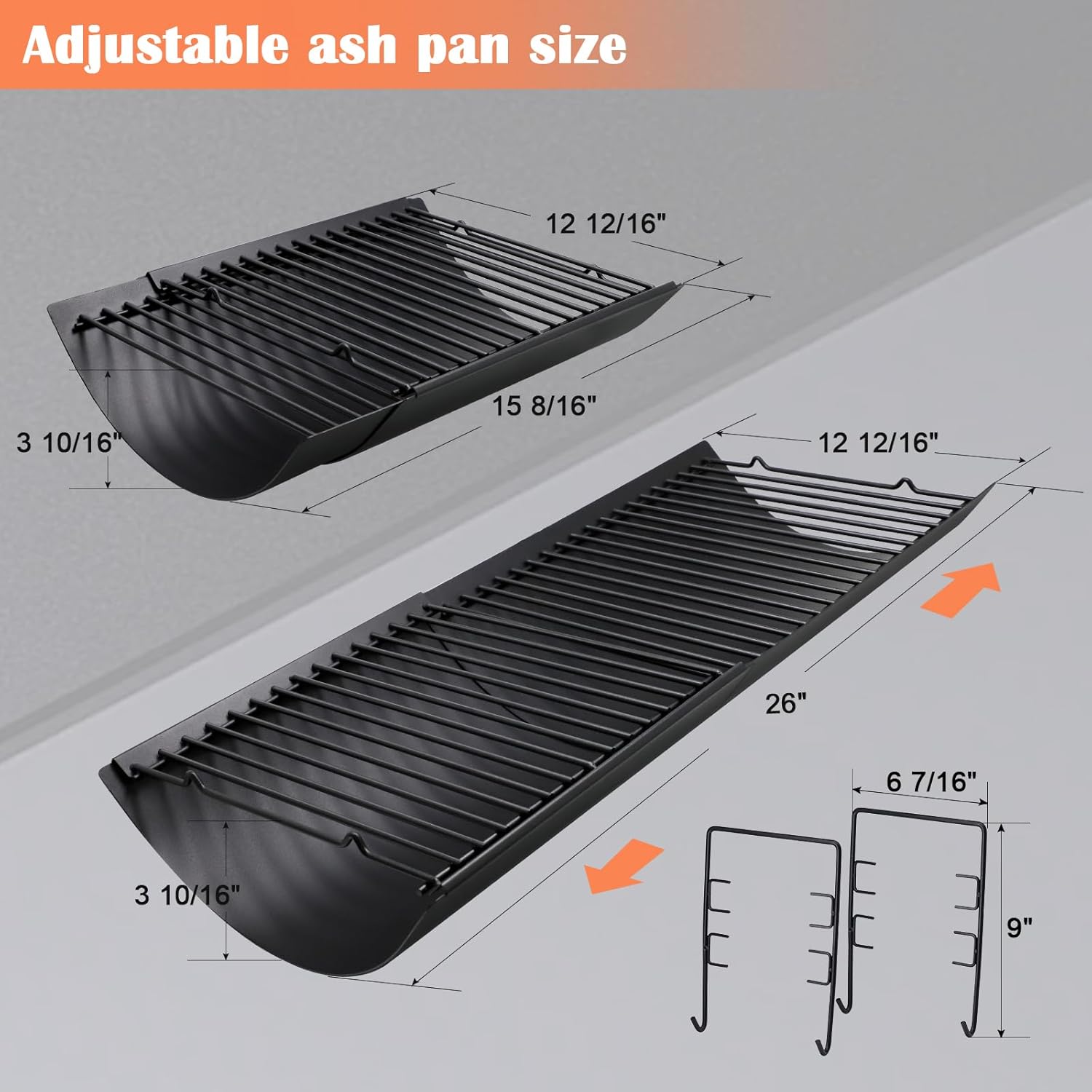 Hiorucet 15.5" - 26" Adjustable Ash Pan Drip Pan Grill Parts for Char Griller 5050 5650 3001 4000, Heat Plate Shields Burner Tubes Ignitor with 2pcs Grate Hangers for Char Griller Replacement Parts