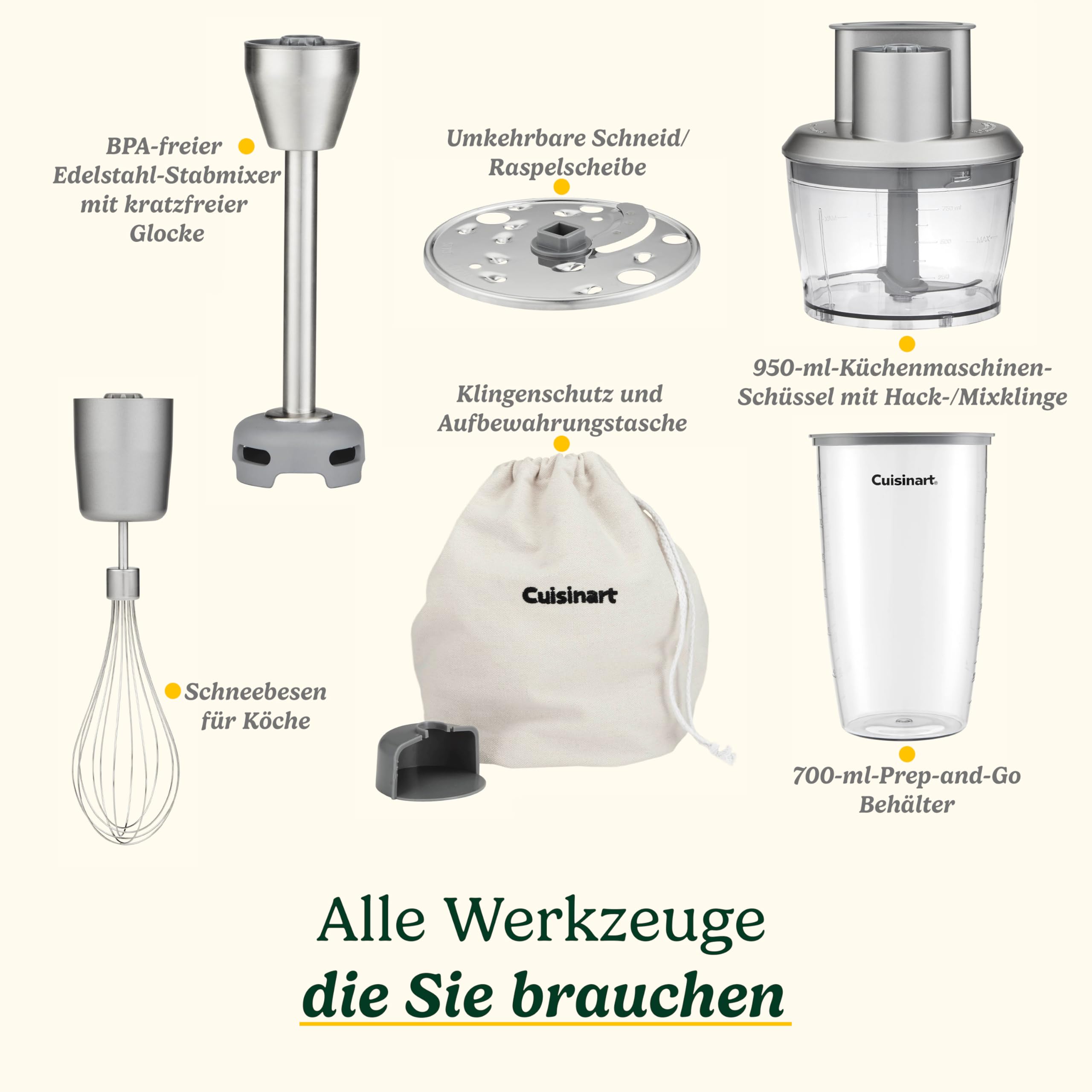 Cuisinart Power Blend Stabmixer 400W | Handmixer | Variable Geschwindigkeitsregelung | Schüssel & Schneebesen | BPA‑freie kratzfeste Glocke | Prep‑and‑Go‑Behälter | Edelstahlklinge