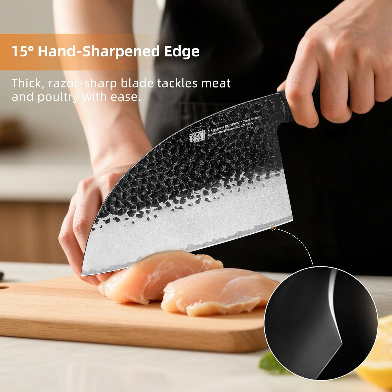 FINDKING Dynasty Series Serbian Chefs Knife with Leather Sheath, Heavy Duty Meat Cleaver, 9Cr18MoV High Carbon Steel Blade, African Rosewood Octagonal Handle, for Meat, Chicken Bones, 6.5 Inches - Image 5