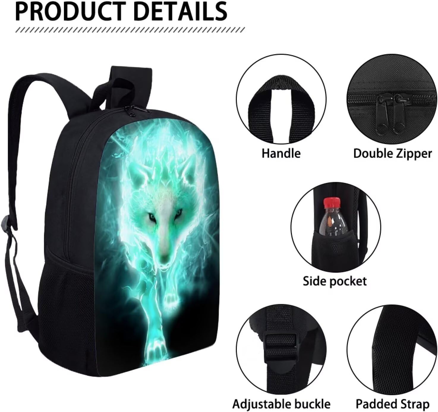 Amzbeauty Teal Wolf Printing Backpack for Students Boys Fashion School Bag One_Size