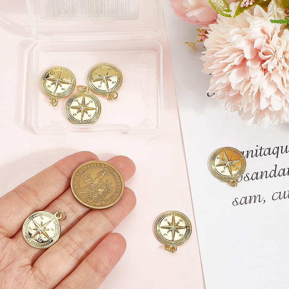 Beebeecraft 1 Box 6Pcs Compass Charms 18K Gold Plated Brass Round Compass Pendant Charms with Jump Ring for Jewelry Making Necklace Keychain - Image 3