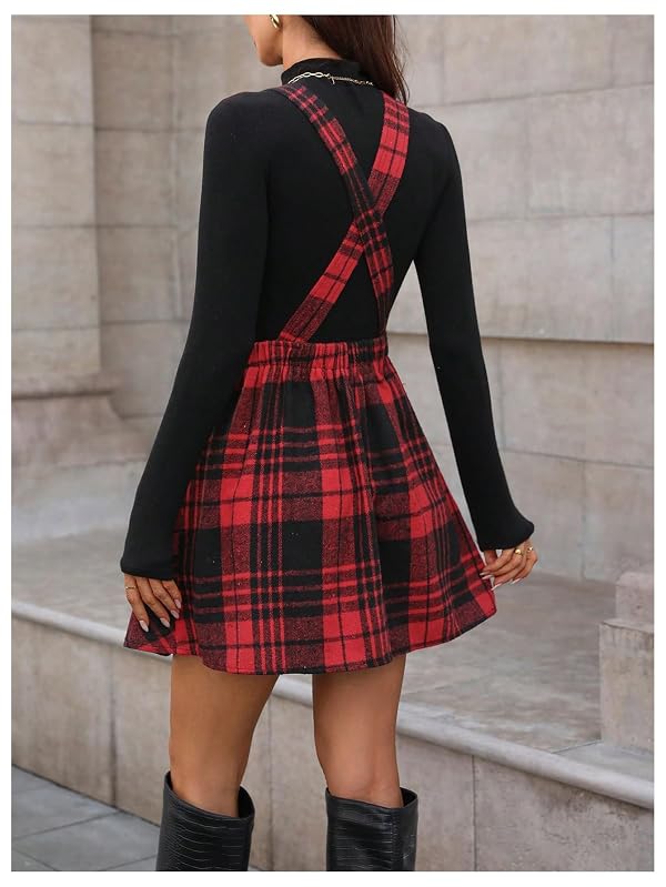 OYOANGLE Women's Sleeveless Plaid Suspender Dress Criss Cross Back Ruffle Short Pinafore Dresses Red Small by OYOANGLE - Image 2