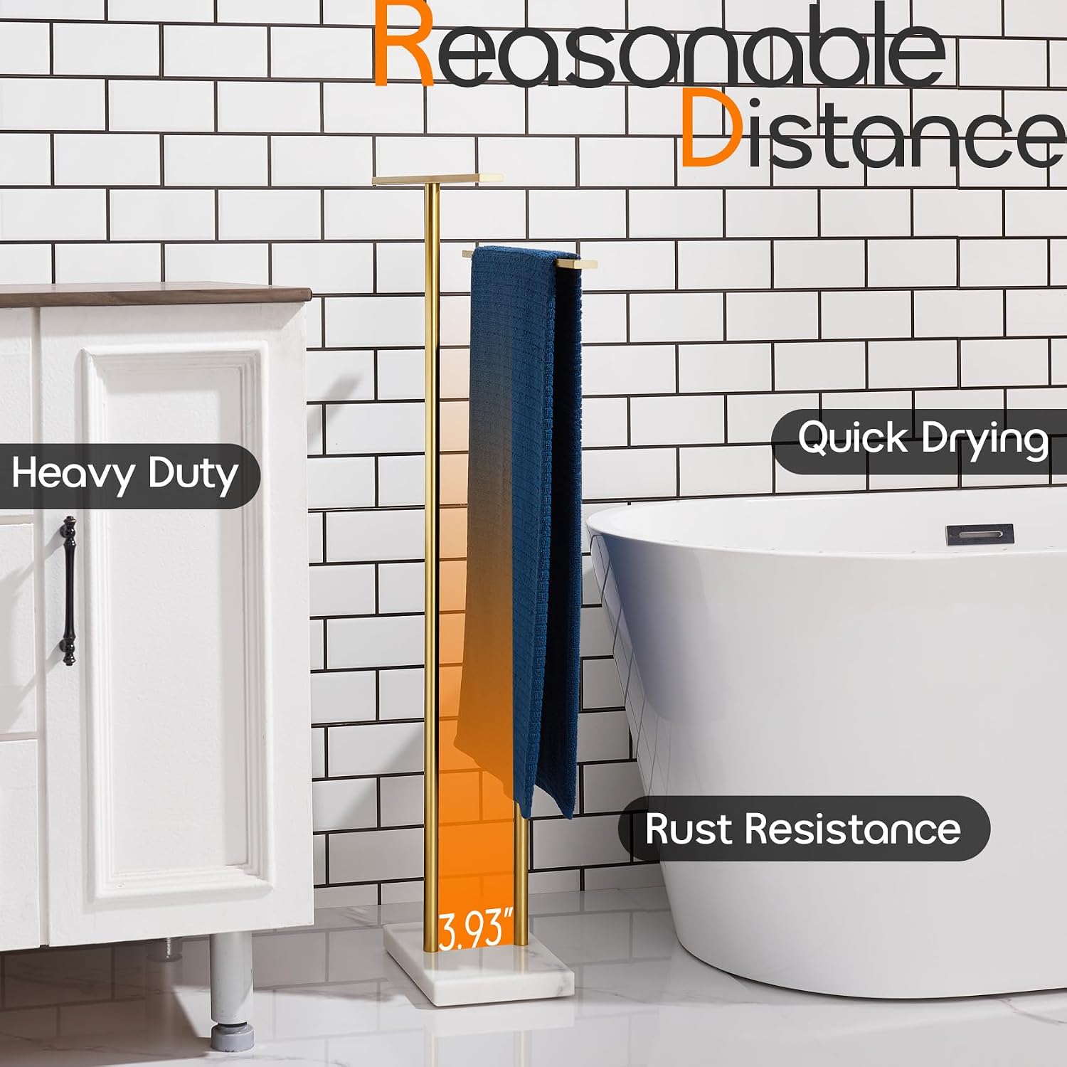 Standing Towel Racks for Bathroom 2-Tier Towel Holder Free Stand with Heavy Marble Base Brushed Gold Thicken Steady Design Stainless Steel AN7005GD