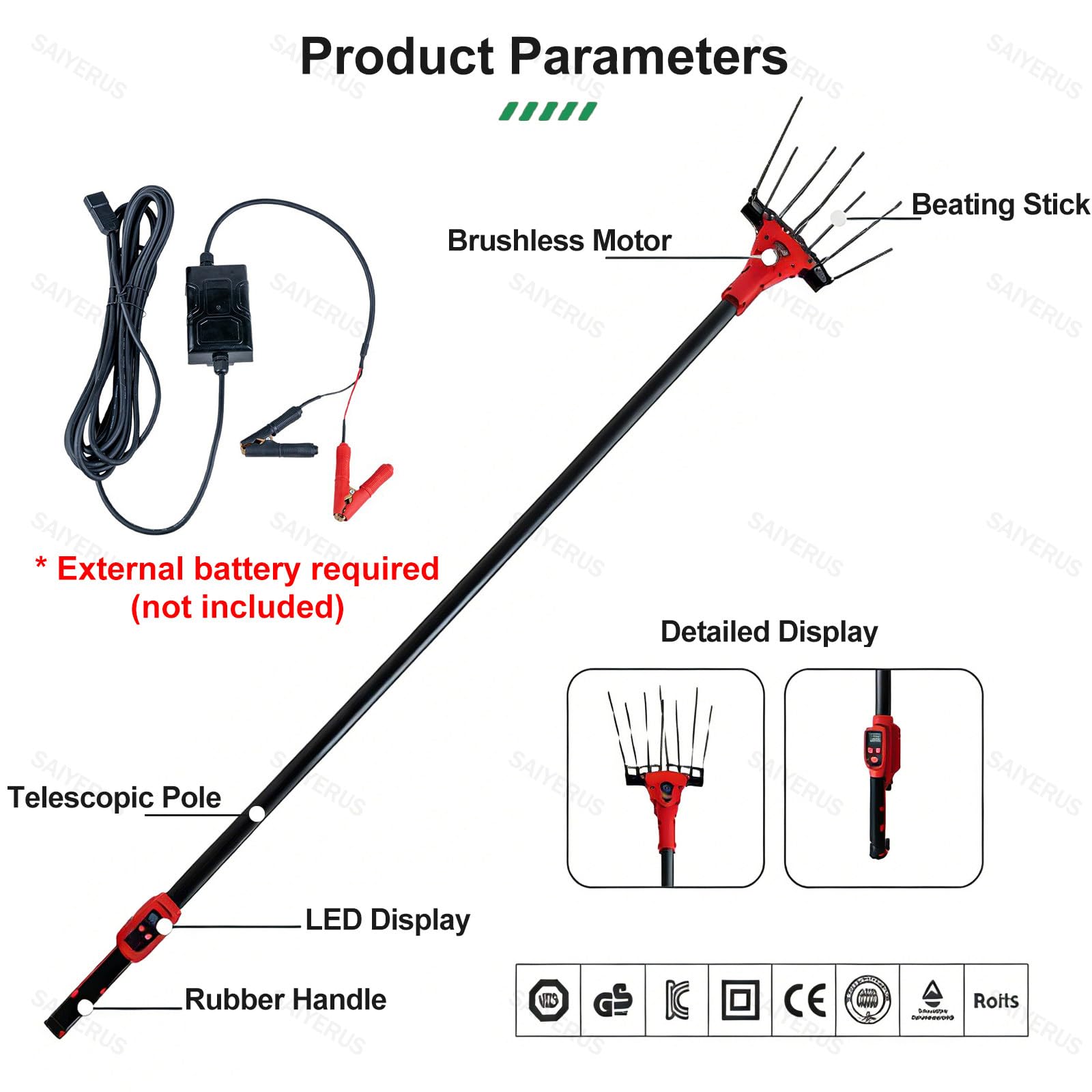 Cosechadora de Aceitunas Eléctrica de 600W con Pértiga Telescópica de 175-270cm, Recolectora Vibratoria de Frutos de Gran Altitud para Dátiles, Granos de Café, Castañas, Nueces, Bayas Goji