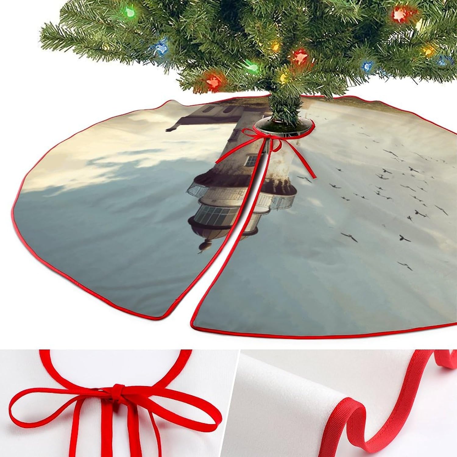 Christmas Tree Skirt Large Tree Skirts Old Lighthouse Xmas Tree Skirt Christmas Decoration Christmas Tree Mat for Indoor Outdoor Holiday Party Xmas Tree Decor