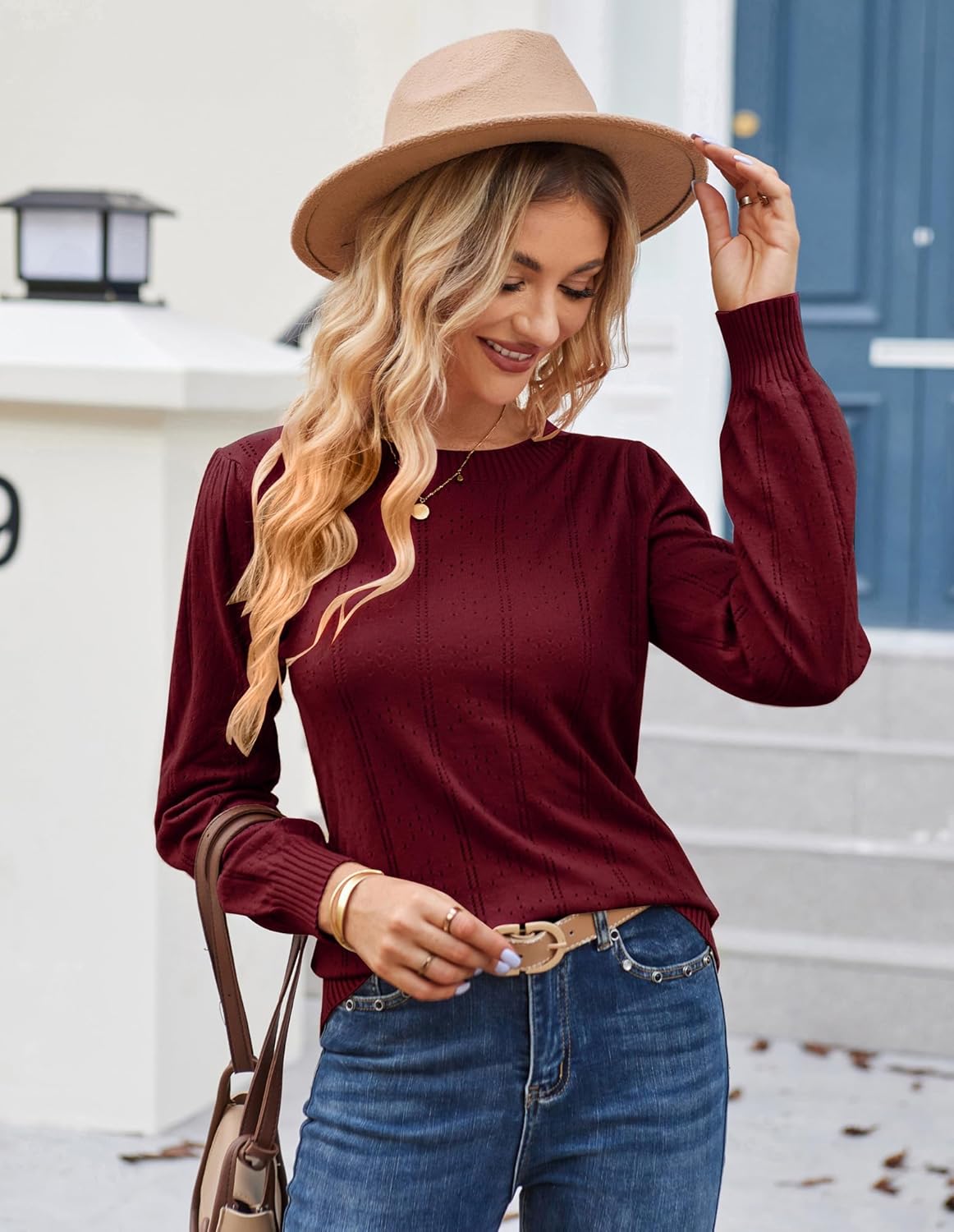 GRACE KARIN Women's Long Lantern Sleeve Crew Neck Crochet Top Hollow Out Fall Pullover Sweater - Image 2