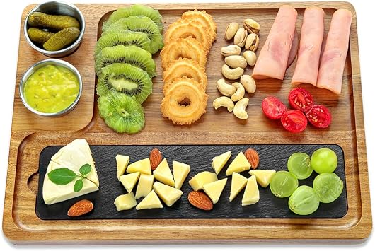 Wooden Slate Serving Board Charcuterie Boards with 2 Bowls, Acacia Wood Cutting Board Cheese Board Serving Plate Tray Platter for Bridal Shower Gifts Wedding Gifts Housewarming