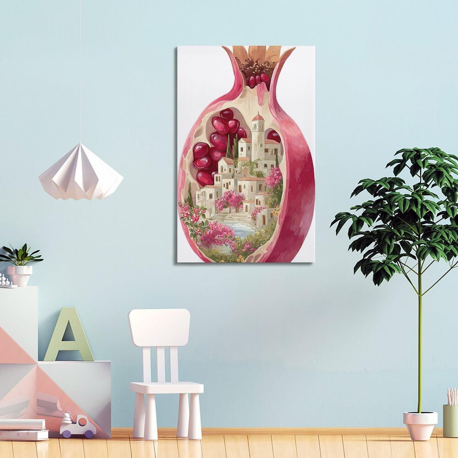 ZLXZPL Fantasy Illustrativer Stil Granatapfel Stadtgeheimnis Wandkunst Leinwand Poster Drucke für moderne Familie Wohnzimmer Dekor Kunstwerk 50 x 75 cm Rahmenstil
