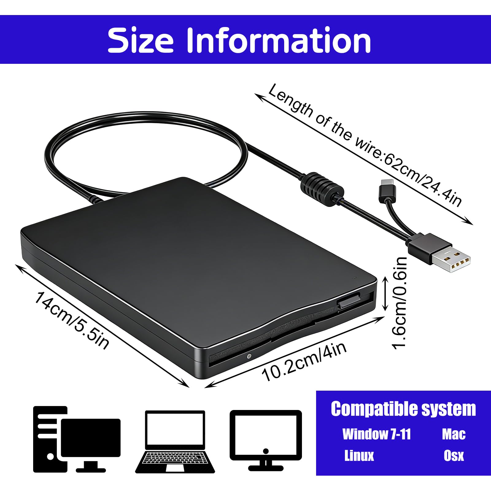 GBKDQQ Unidad de disquete externa USB portátil FDD 1,44 MB 3,5 pulgadas: Slimline Floppy Disk Drive Lector de tarjetas externas Accesorios de ordenador Extraíble Externo Compatible con PC y MAC, Plug