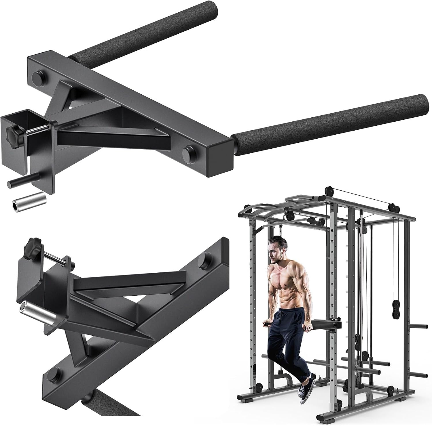 Kipika Dip Bar Attachment 2x2 or 3x3 Power Rack – Y-Shaped Steel, 5mm Foam Grip, 5/8" & 1" Hole, Tool-Free Install, Dip Station for Chest/Triceps/Shoulders, Home Gym