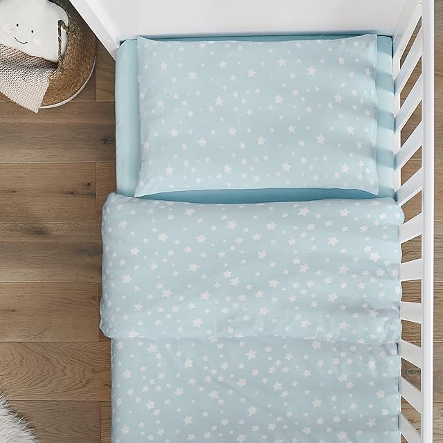 Silentnight Safe Nights Nursery 100% Jersey Cotton Supersoft Snuggly Easy Care Cot Bed Duvet Cover & Pillowcase Set, Duck Egg Stars - Cot Bed (150 cm x 120 cm) + Matching Pillowcase