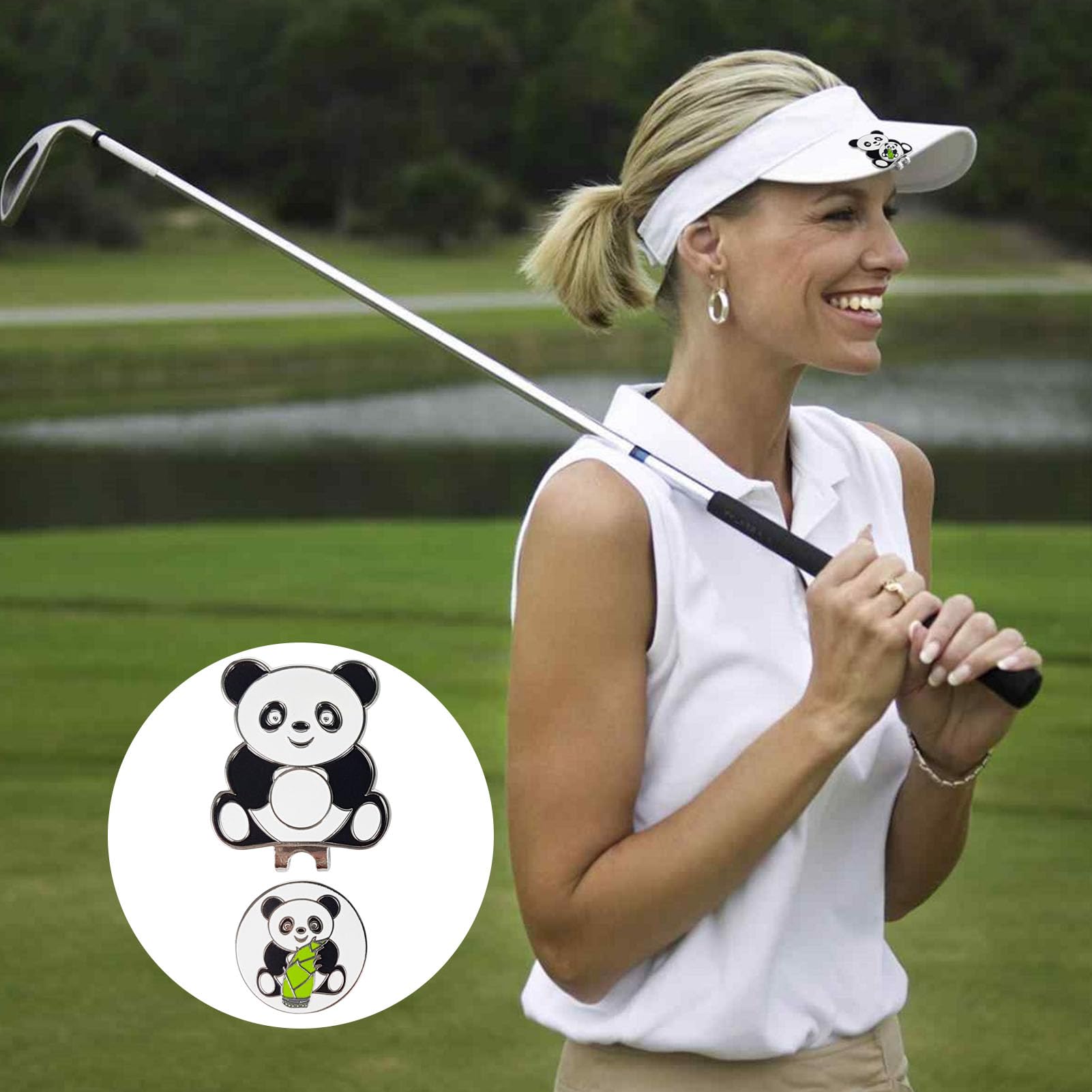 Hutclip Für Golfballmarker – 40 Mm Golfmarker Im Cartoon-Panda-Stil | Magnetischer Ballmarker Aus Metall, Trainingshilfe, 25 G, Sportzubehör Mit Niedlichem Tiermuster Für Professionelle Golfer, Grüne