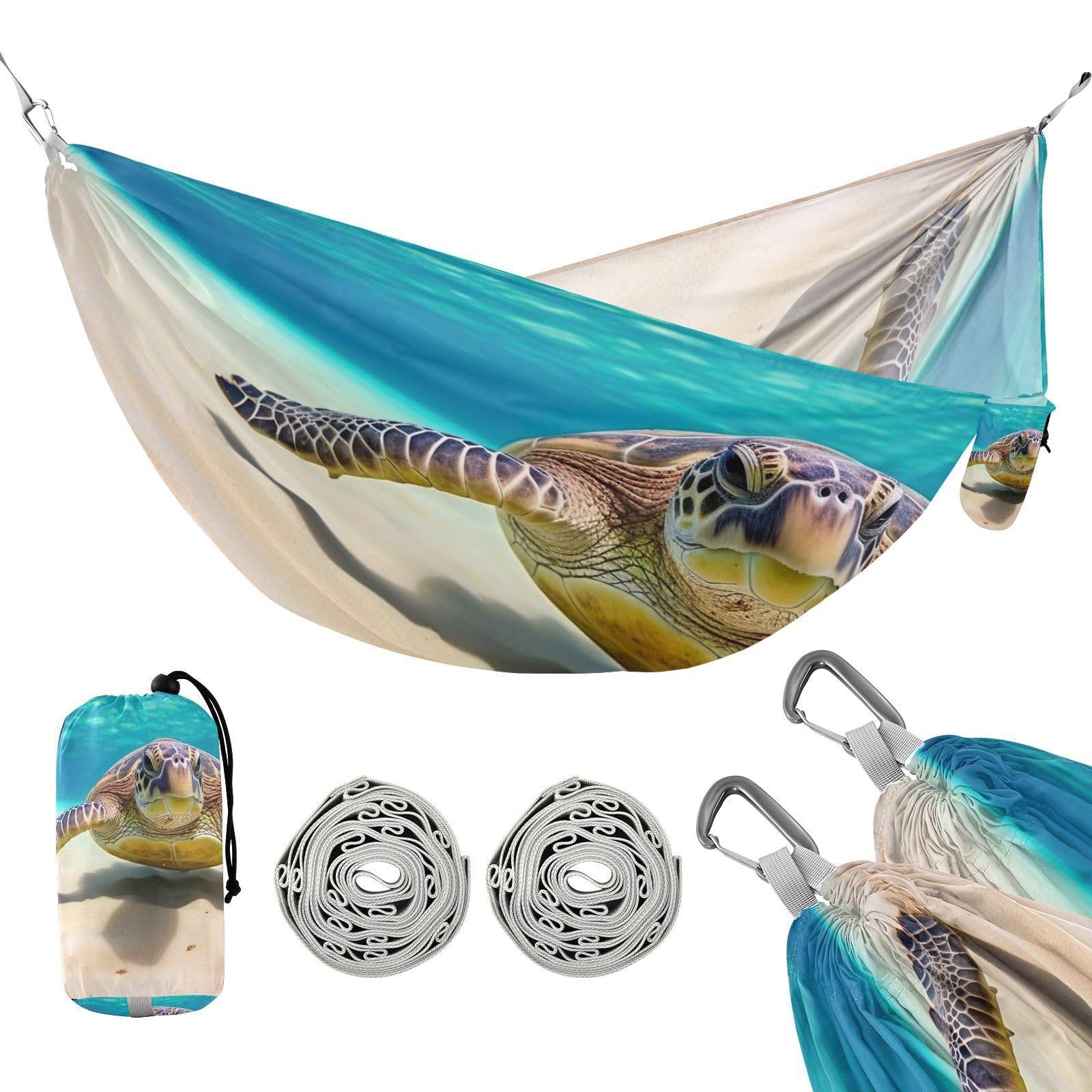 SDMKA Swimming Green Turtle Camping Hammock, 330 lbs with 2 Tree Straps, Carry Bag, Single Portable Hammock for Outdoor/Indoor, Hiking, Beach, Backpacking, Travel