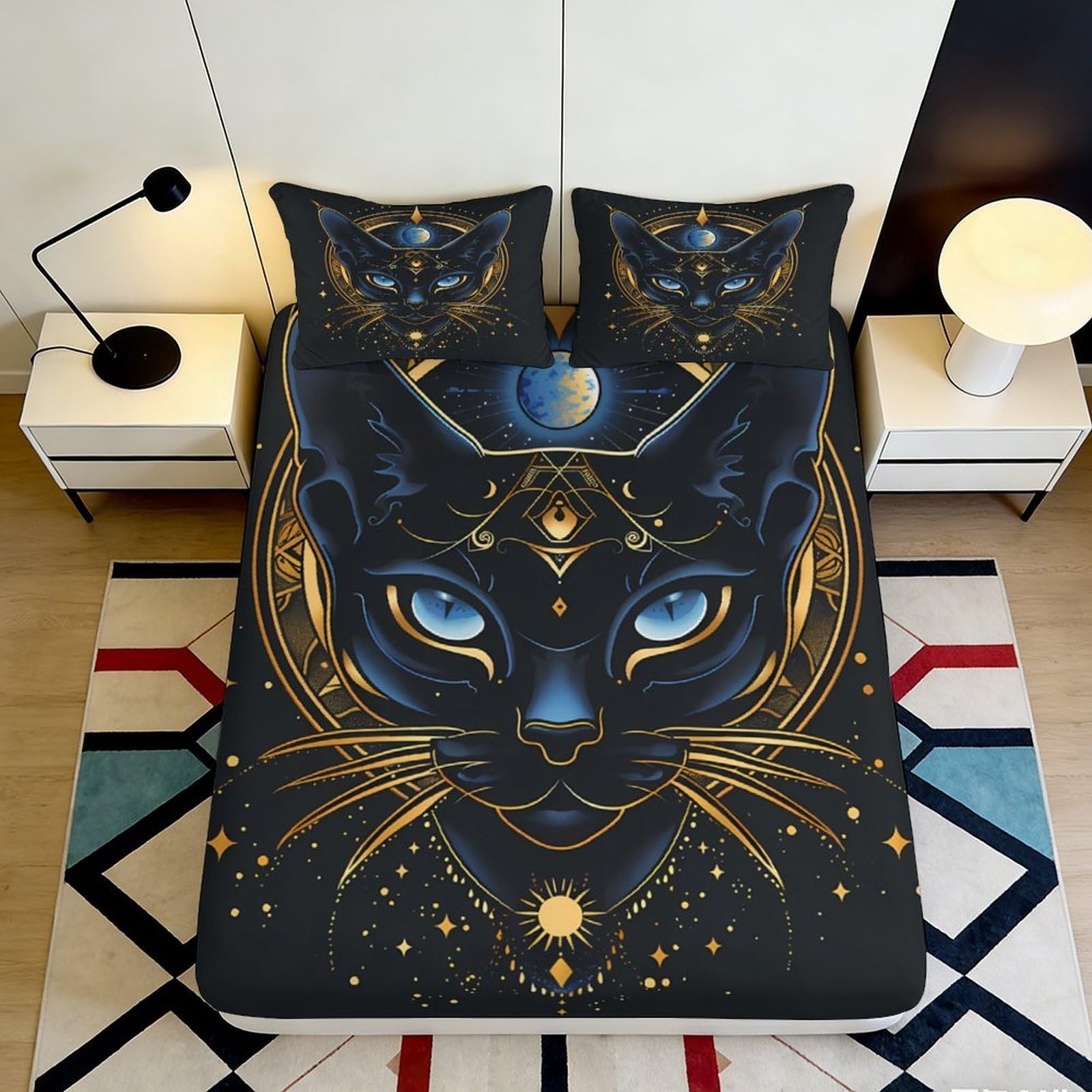 3D Printed Mystic Black Cat Fitted Sheet Microfiber Soft Breathable Cosmic Universe Mattress Cover for Bedroom Decor 90x200x25cm