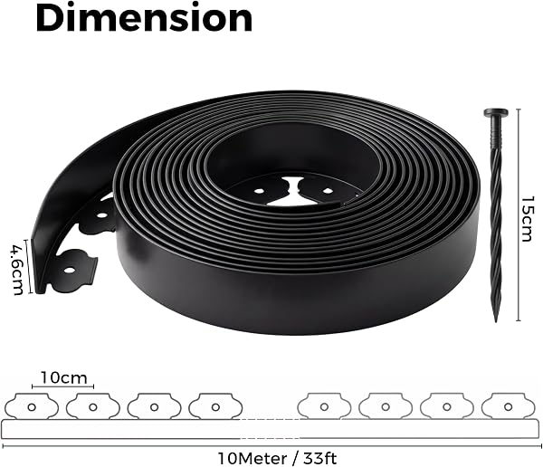 Garden Edging Border, 33FT/10M Black Flexible Plastic Lawn Edging with 30 Reinforced Pegs, 4.6CM High Lawn Edging Border - Easy Dig & Cut Installation for Flowerbeds, Lawns & Pathways - 2