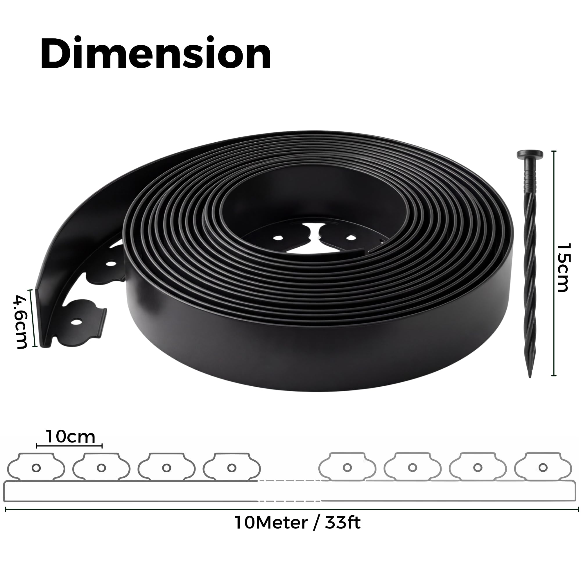 Garden Edging Border, 33FT/10M Black Flexible Plastic Lawn Edging with 30 Reinforced Pegs, 4.6CM High Lawn Edging Border - Easy Dig & Cut Installation for Flowerbeds, Lawns & Pathways — view 2