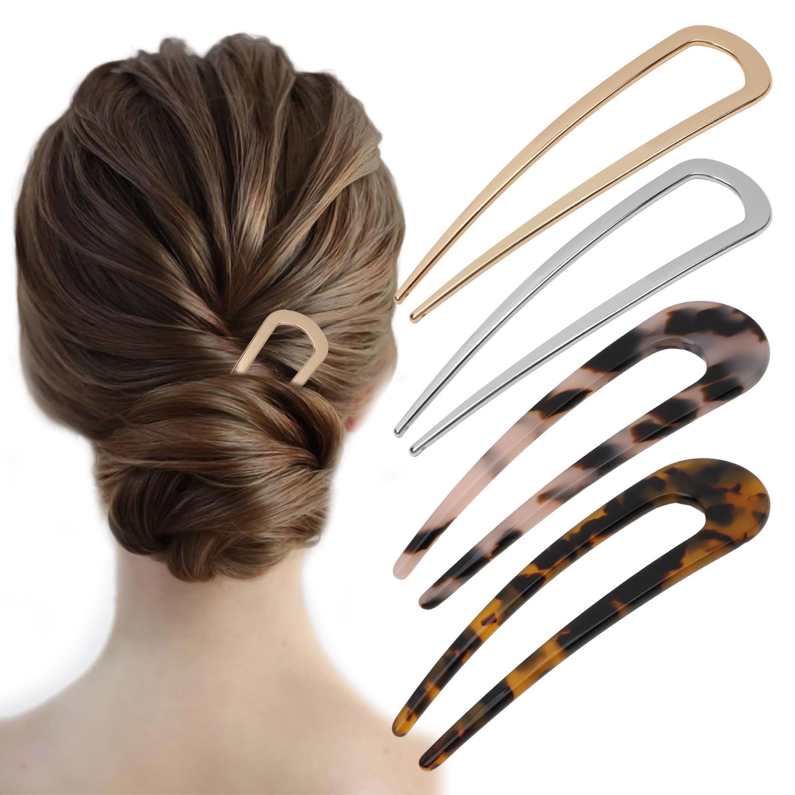 4 PCS Mental and Tortoise Shell French Hair Pins for Women