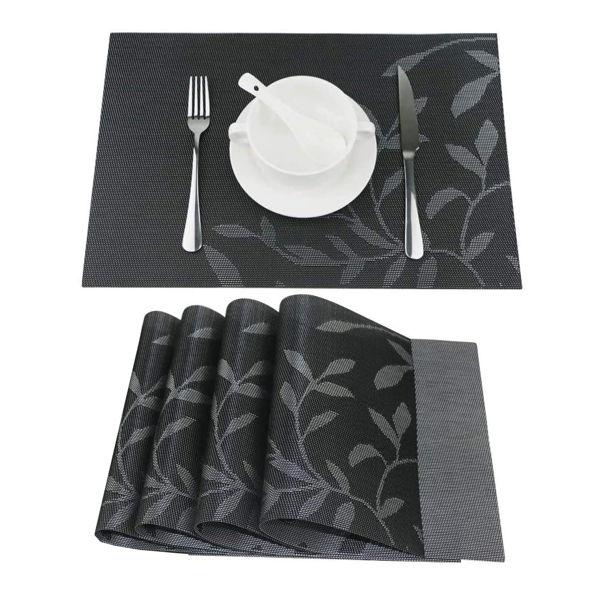 ZENCONI Placemats Set of 4 Dining Table Place Mats | Placemats Table Mat PVC Material | Non-Slip Heat Resistant | Dining Tablemates Washable Anti-Skid | Size 45 x 30cm (Black 4)
