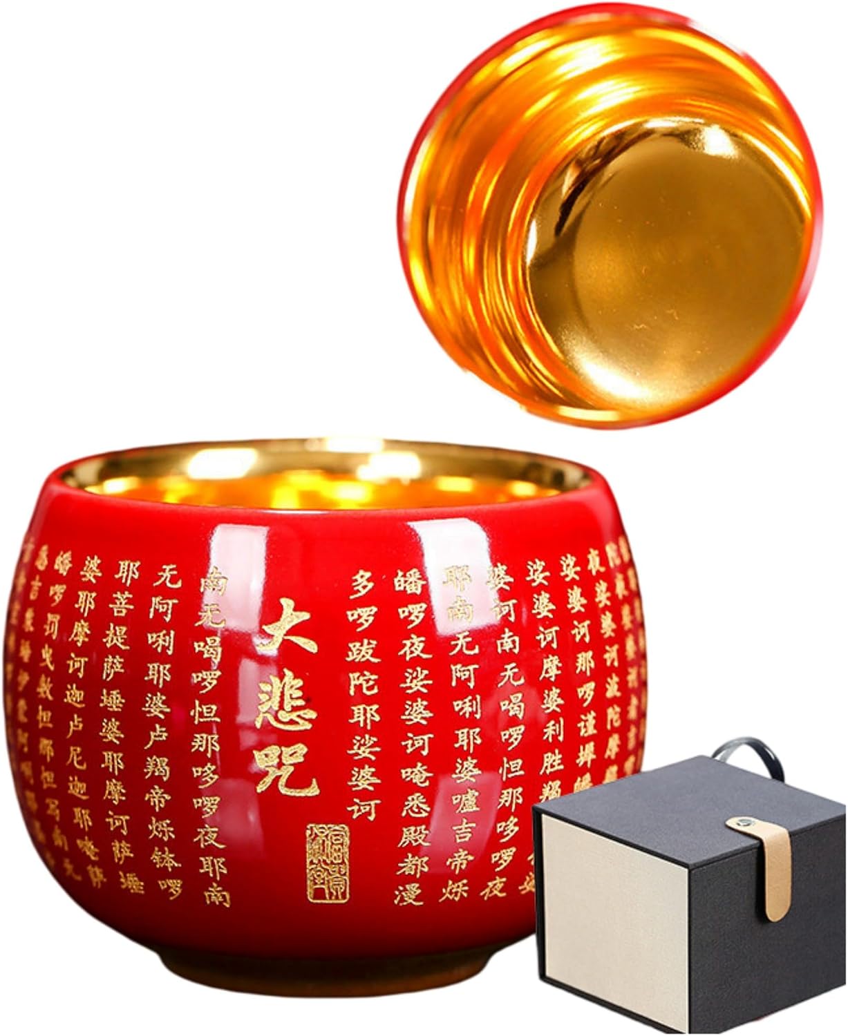 200mL以下-【礼盒装】霁红大悲咒罗汉盏-金内胆150ml Glass Tea Cup,Ceramic cup Set,Zi Sha Tea Cup,Ceramic Teapot,Purple Clay Tea 弘一大悲咒鎏金茶杯茶盏 Ceramic Coffee Mugs Set,Microwave & Dishwasher Safe,Gift for Man and Women