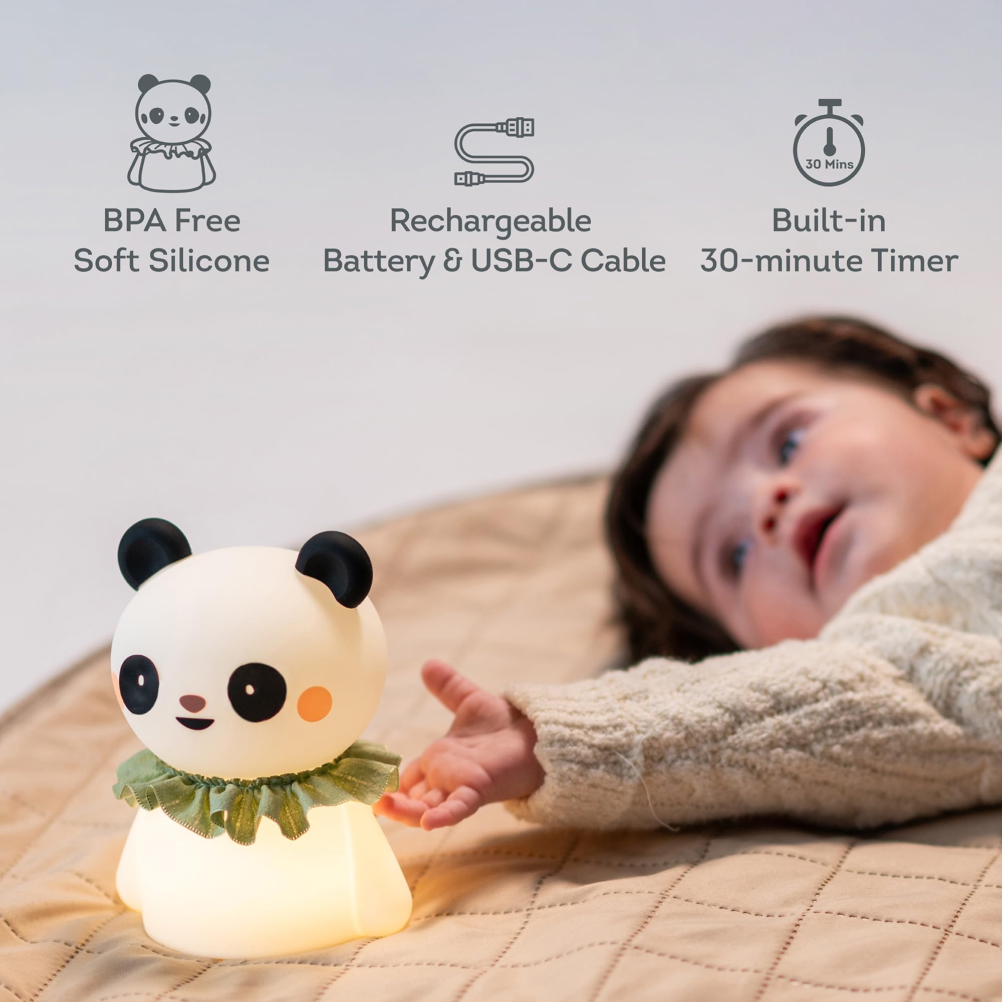 Taf Toys Little Panda Night Light - Soft Silicone Rechargeable Baby Lamp with Three Brightness Settings, Small - Image 4