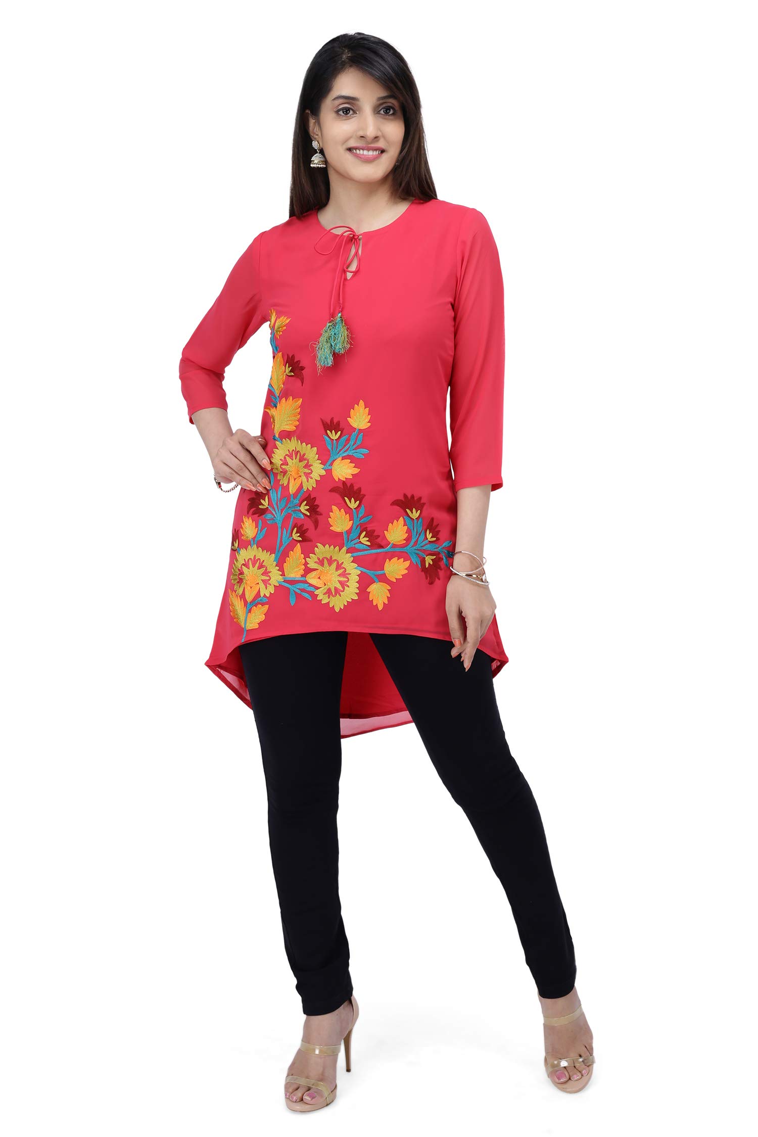 Style Lab Women's Stylish Polyester Embroidery Assymetrical Kurta-(Pink)