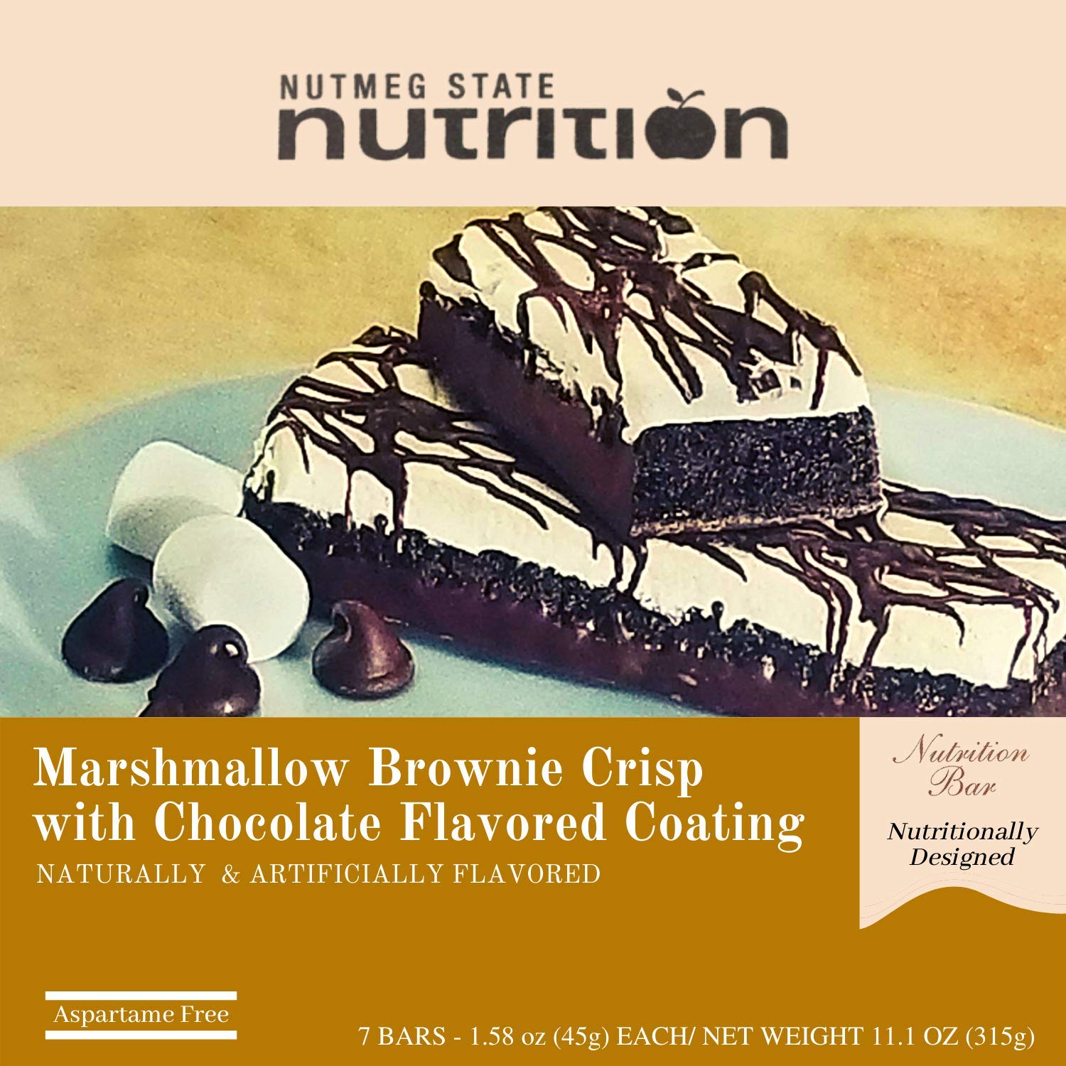 Barras dietéticas/snacks de alto contenido proteico Nutmeg State Nutrition - Brownie crujiente de malvavisco (7 unidades) - Sin grasas trans, sin aspartamo, kosher, sin gelatina