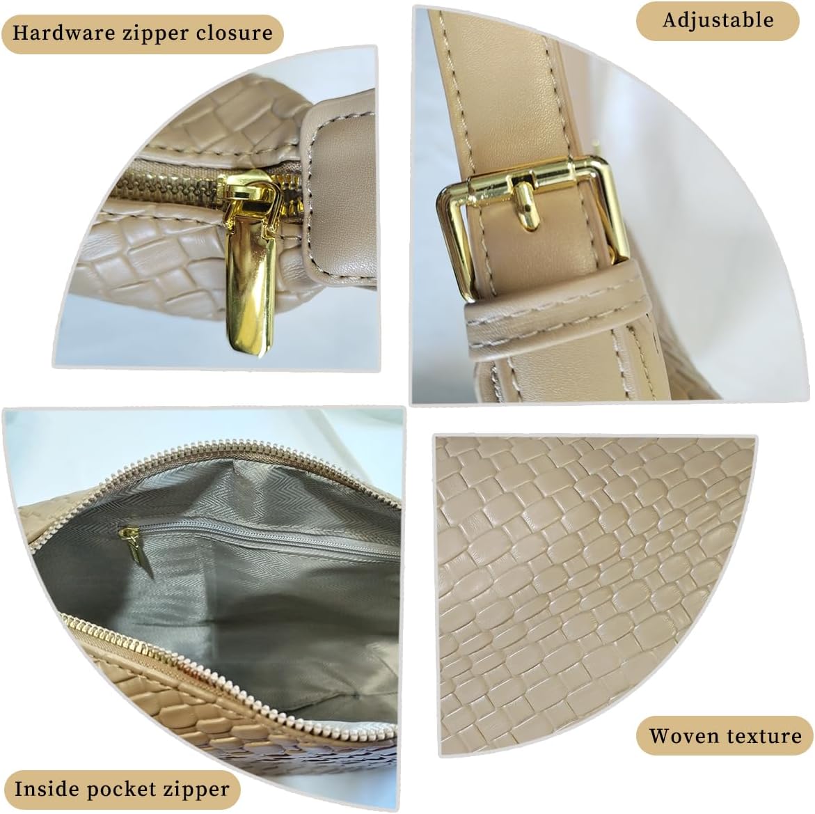 Woven Crossdbody Bag Vegan Leather Bag For Women Crescent Shoulder Hobo Handbag with 2 Adjustable Strap