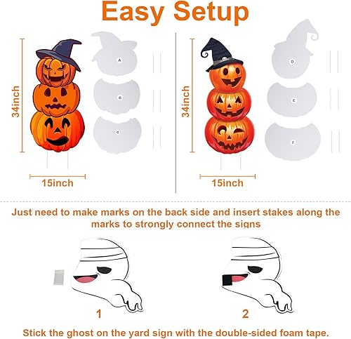 Miniatura 5 de Letreros grandes de Halloween para patio, estacas de jardín para decoraciones de Halloween al aire libre, 3 niveles de Halloween, calabaza,