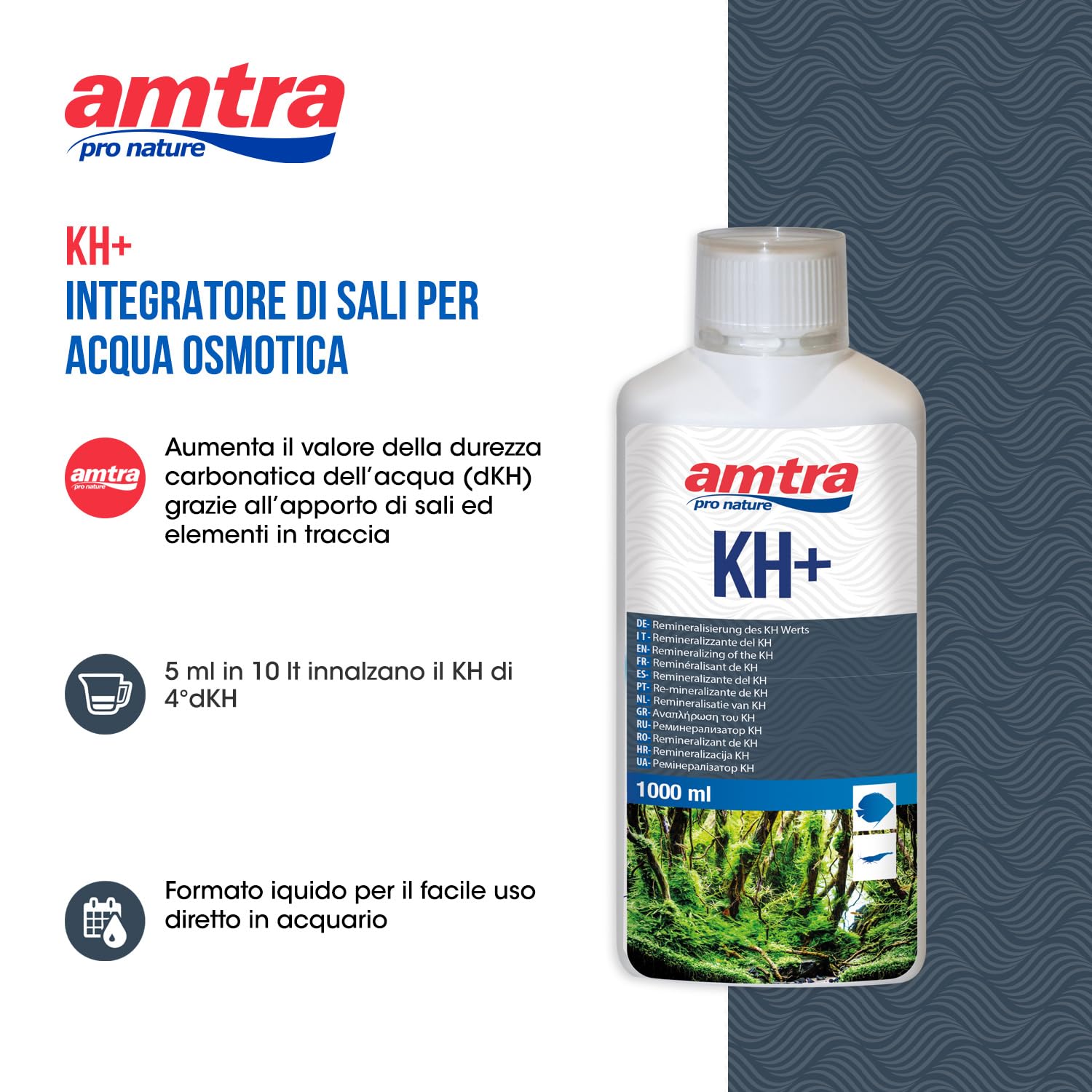 Amtra KH+, płynna sól do uzupełniania twardości węglanowej (dKH) wody akwariowej, do akwariów słodkowodnych, 1000 ml