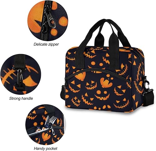 Miniatura 5 de Bolsa de almuerzo de calabaza de Halloween para mujeres y hombres, bolsa de almuerzo aislada con correa de hombro desmontable y asa de transporte,