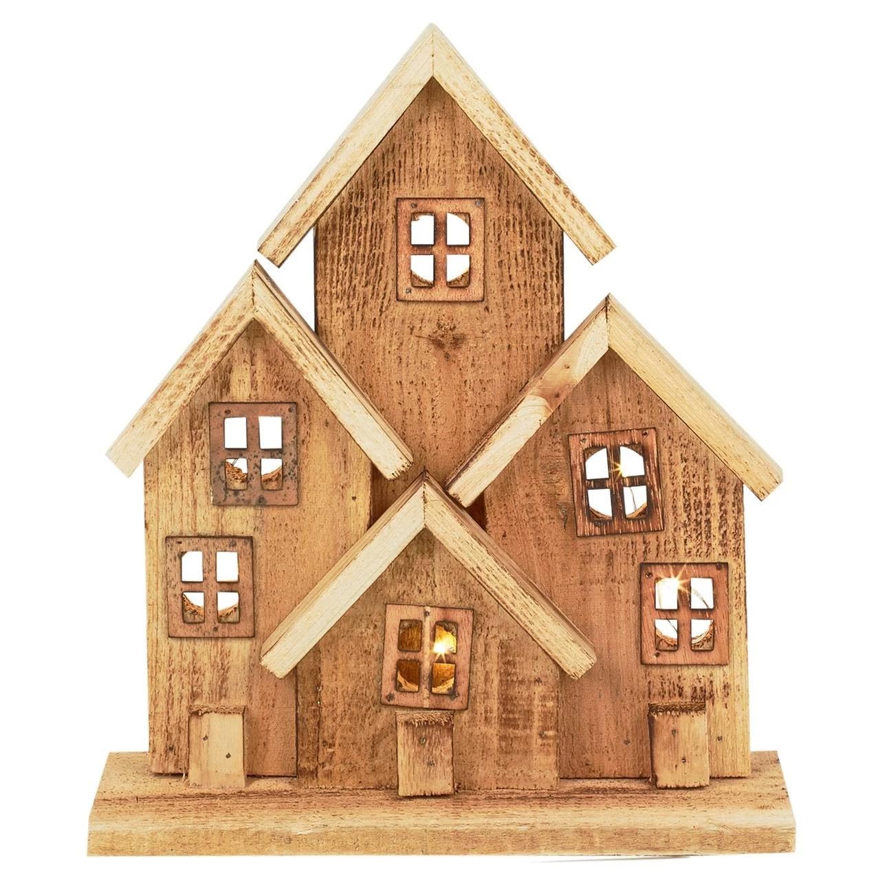 Urbnliving Natural Wood Led Wooden Light Up Christmas House – Battery Operated Xmas Ornament With Timer, Festive Winter Village Tabletop Décor