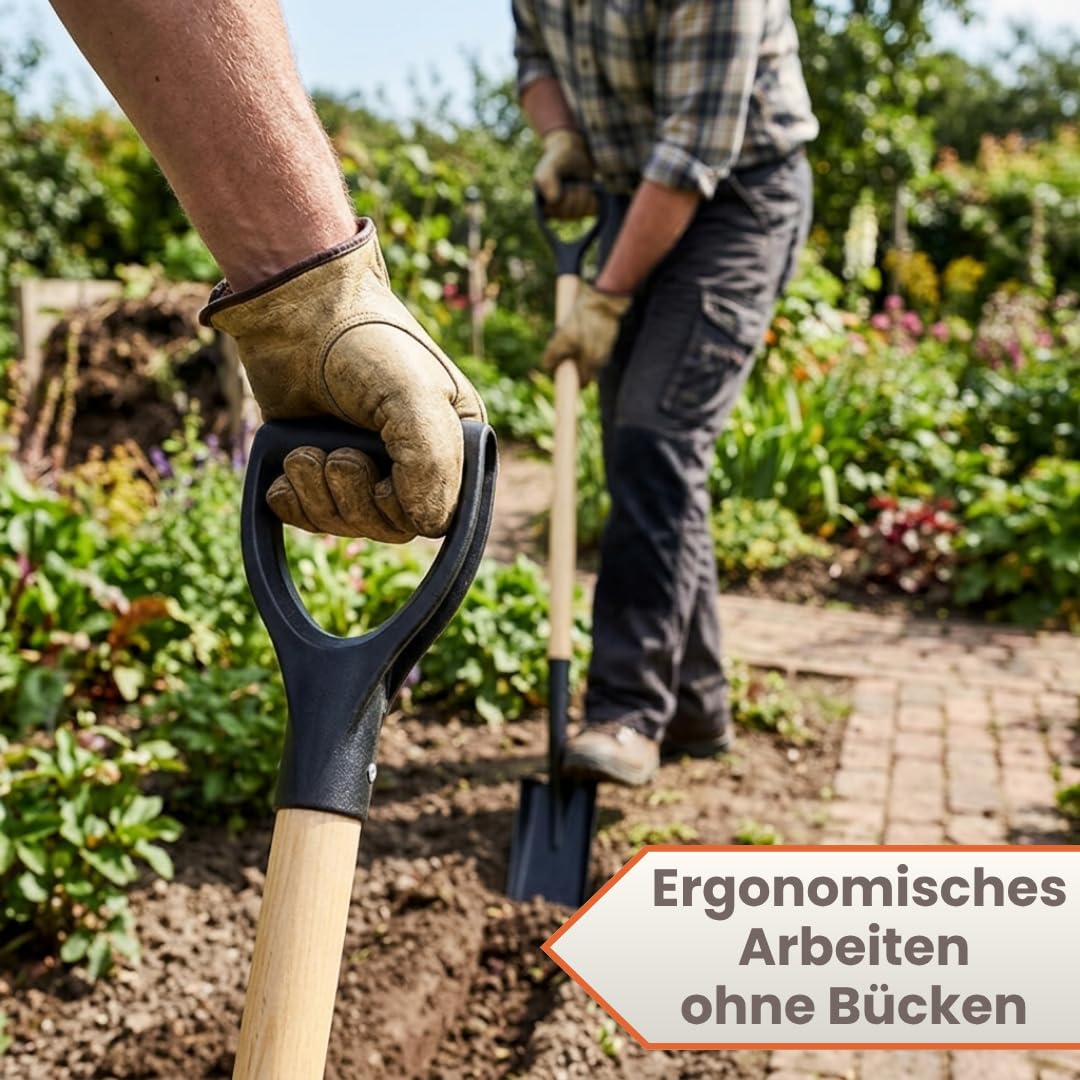 Grabenschaufel Schmal | Mit Holzstiel & D-Griff | Komfortable Gesamtlänge 130 cm | Drainagespaten Kabelspaten für präzise Gräben