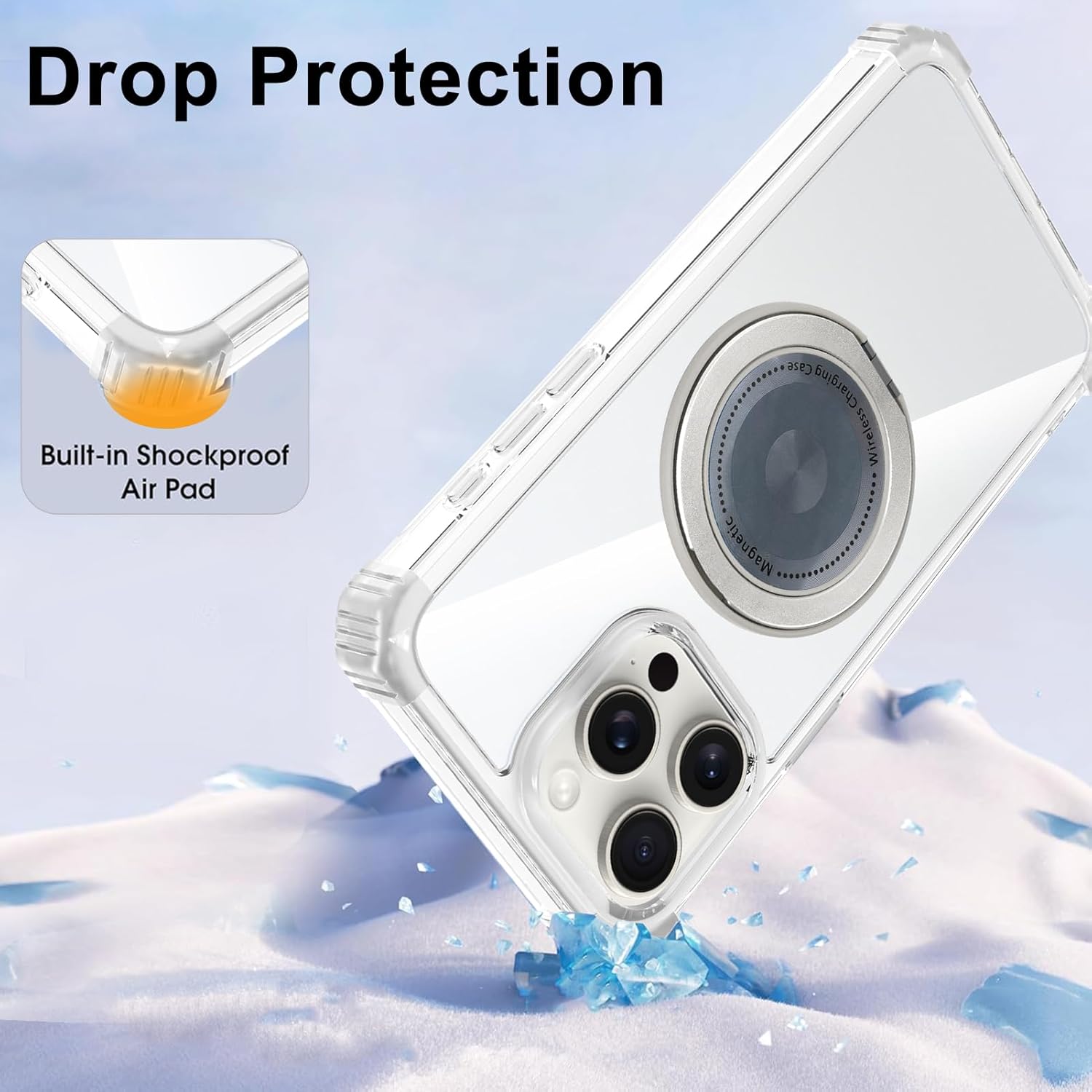 Clear Case for iPhone 16 Pro Max Case with Magnetic 360 Rotatable Ring Stand [ Compatible with MagSafe ], Heavy Duty Military Grade Cover with Ring Kickstand for Women Men, Transparent - Image 5