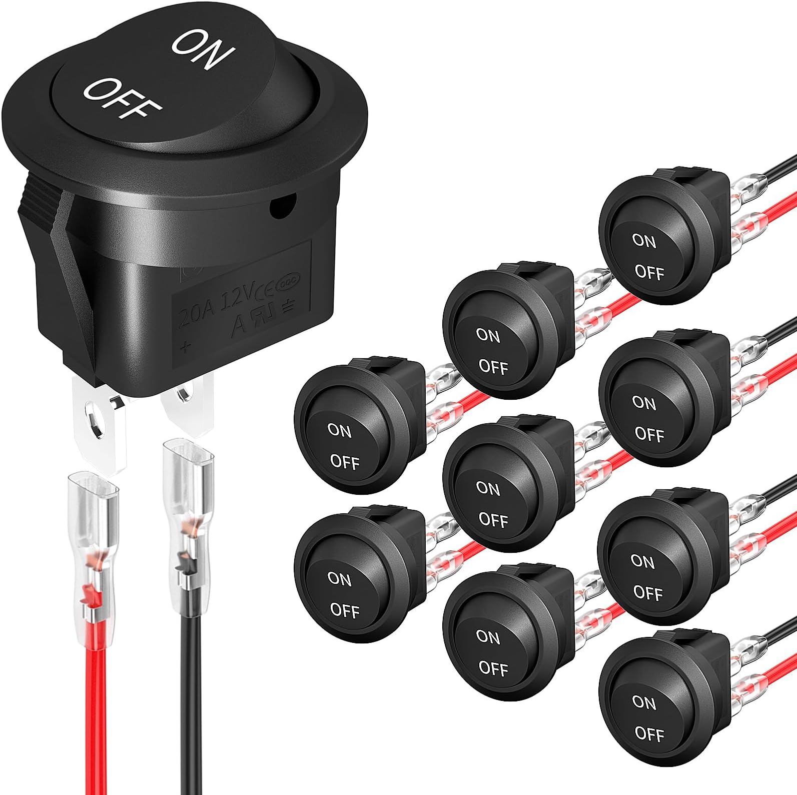 Joinfworld 10Pcs Round Rocker Switch 12V ON Off Switch 12 Volt DC Circle Toggle Switch 2 Pin SPST 6A/250V 10A/125V AC 20MM Small Rocker Switch with Wires for Auto Car Marine Boat - UL Listed