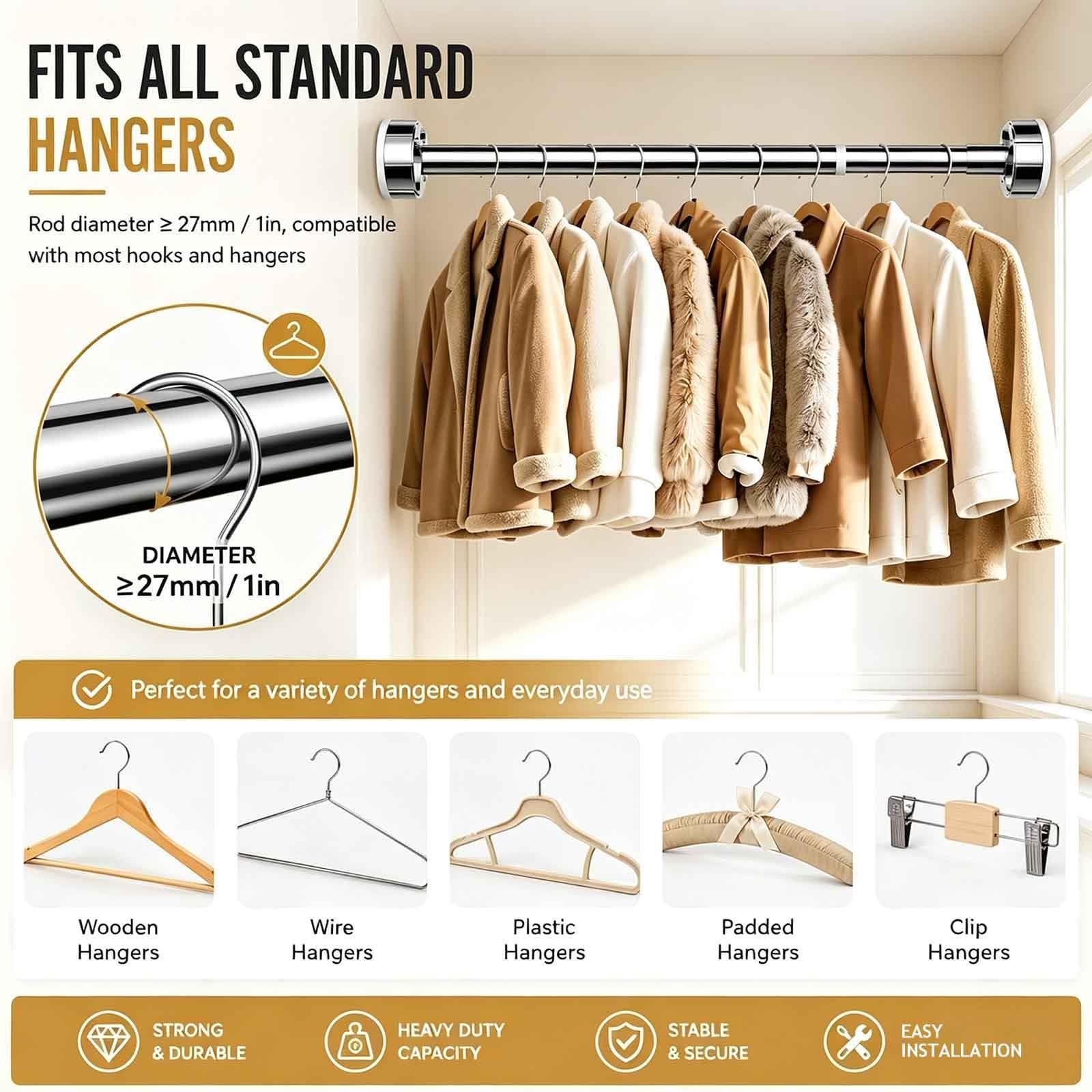 Stainless Steel Tension Curtain Rod, Closet Rods Hanging Clothes