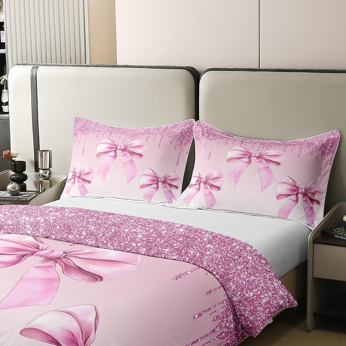 Erosebridal 100% Cotton Pink Bowknot Girls Comforter Cover Full,Girly Dreamy Glitter Sequins Print Bedding Set,Stylish Glamorous Romantic Quilt Cover,Reversible