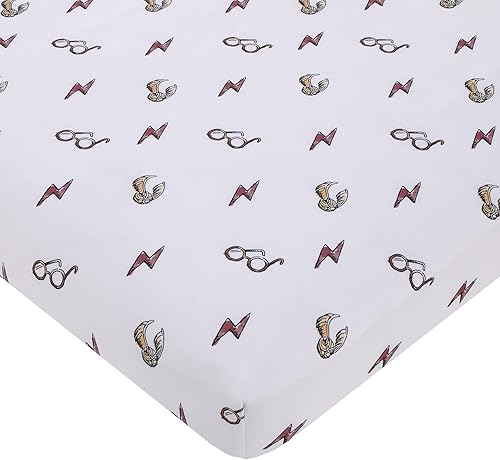 Warner Brothers Harry Potter - Sábana bajera ajustable para cuna con diseño de rayo blanco, rojo y dorado, Snitch dorado y gafas