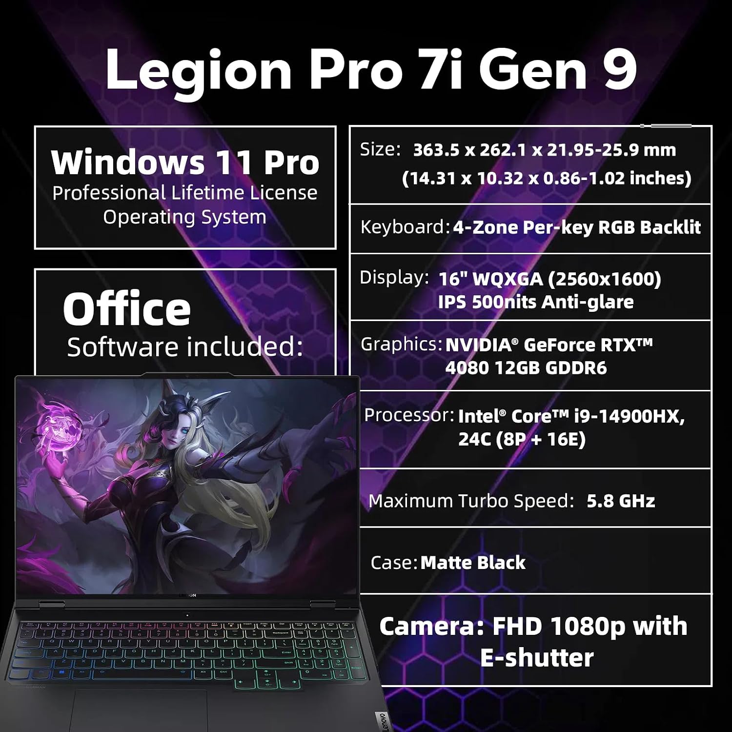 Detailed specifications for the Lenovo Legion Pro 7i Gen 9 gaming laptop.