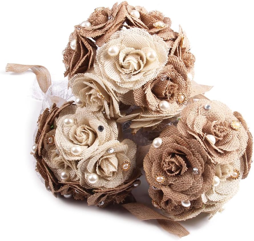 Tinksky Rustic Wedding Bouquet Burlap Flower Bouquet Lace and Pearls Wedding Anniversary Engagement Mother's Day Decoration, Valentine's Day gift